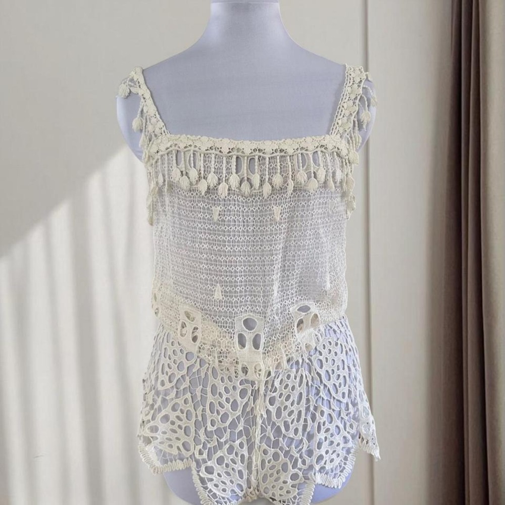 Eberjey Womens Cream Crochet Lace Tassel Romper S/M Cotton Beach Coverup White